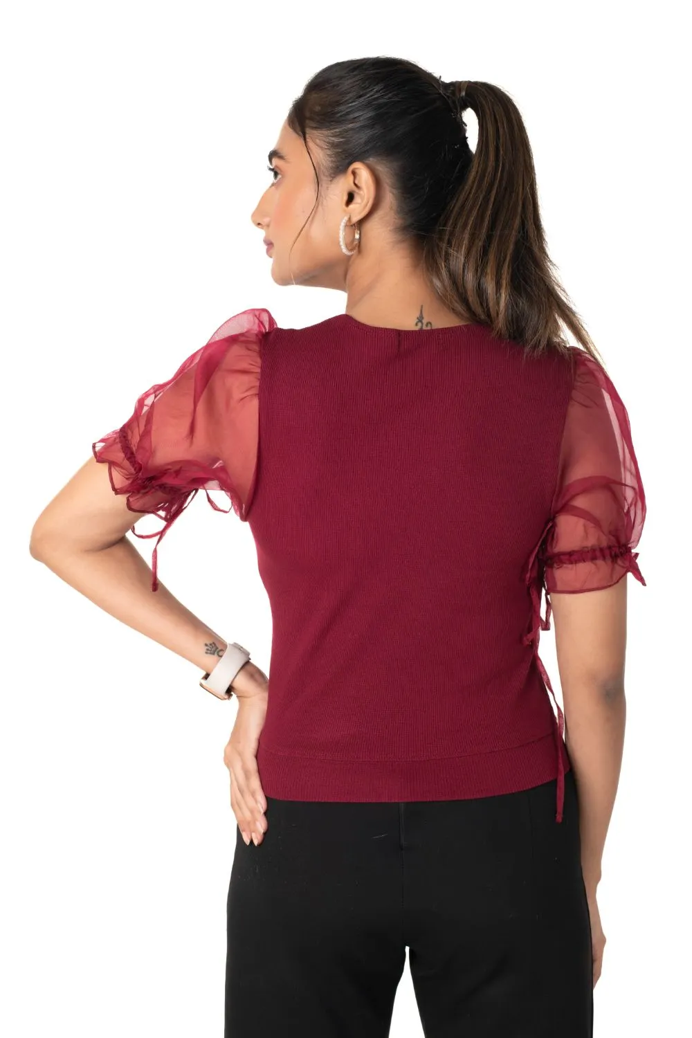Round neck Blouses with Puffy Organza Sleeves- Plus Size