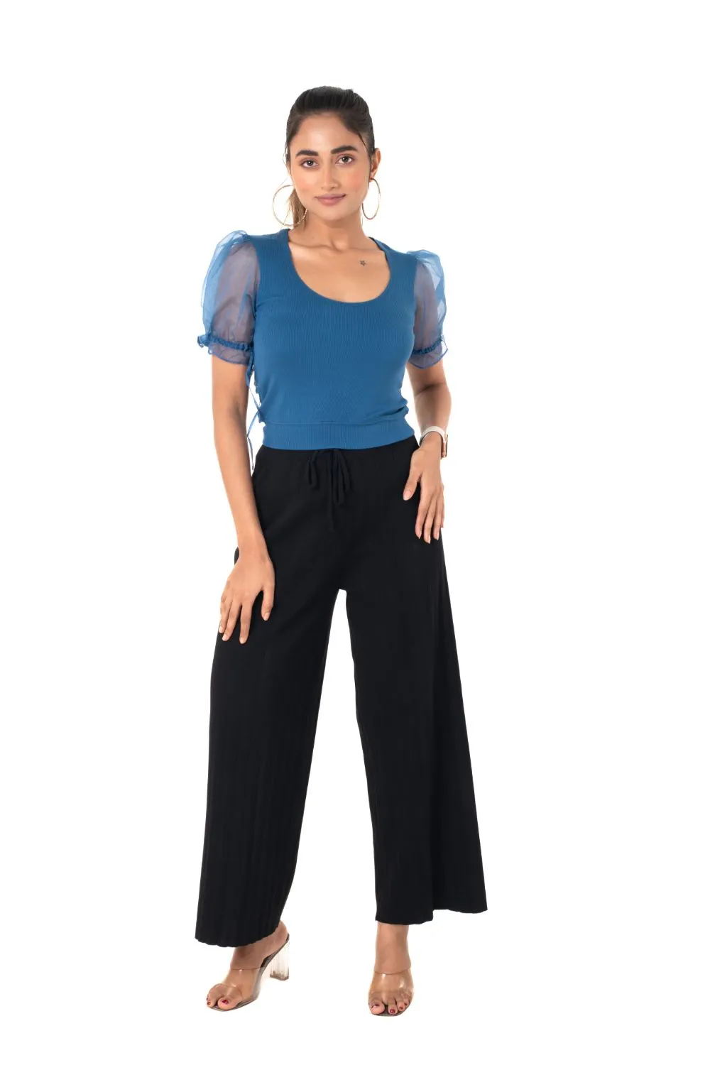 Round neck Blouses with Puffy Organza Sleeves- Plus Size