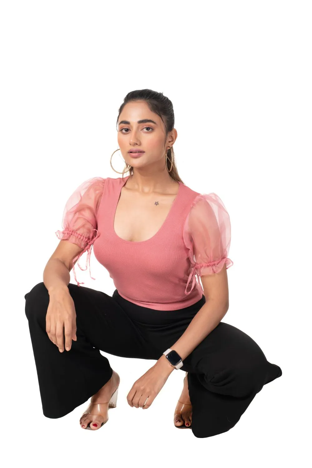 Round neck Blouses with Puffy Organza Sleeves- Plus Size