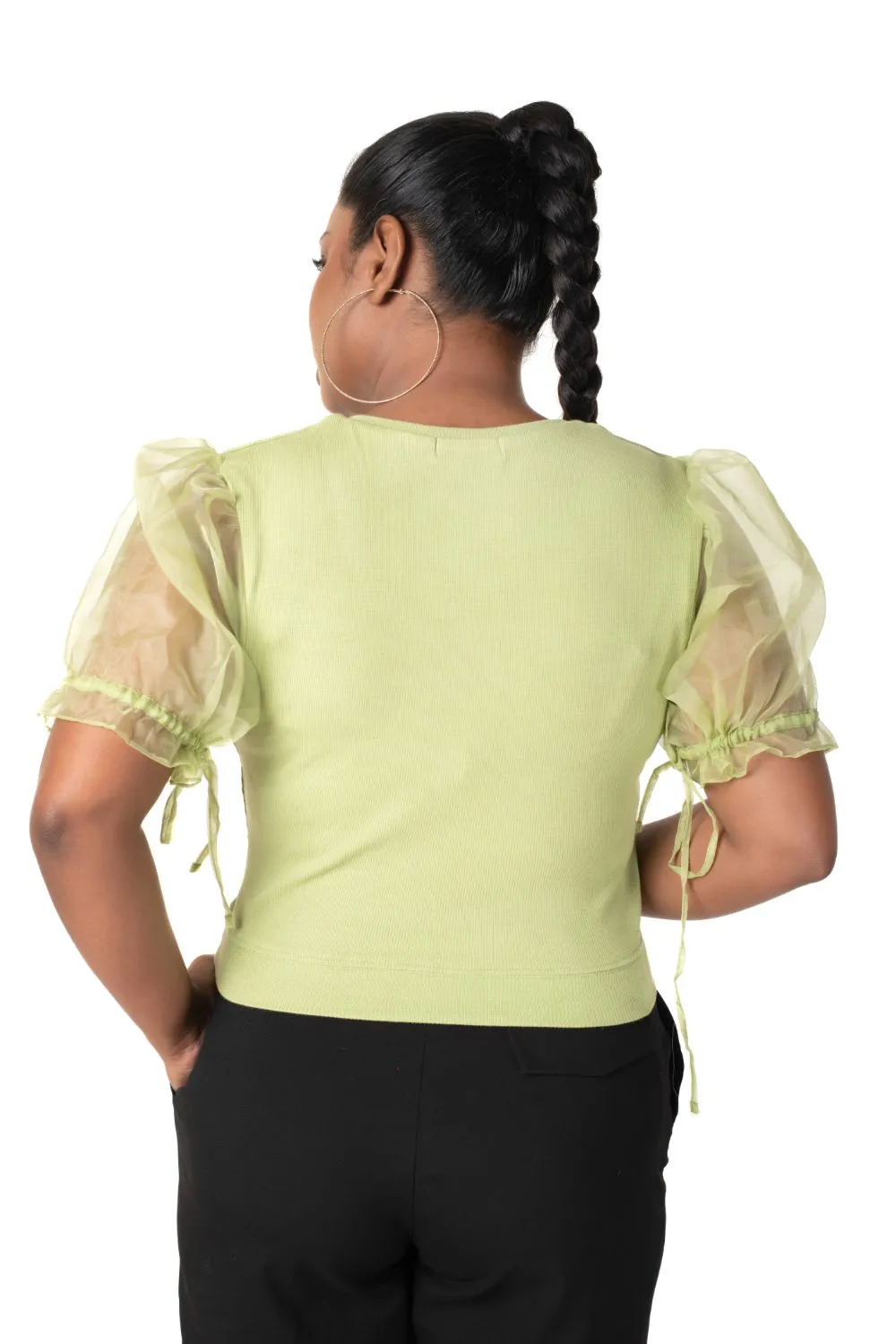 Round neck Blouses with Puffy Organza Sleeves- Plus Size