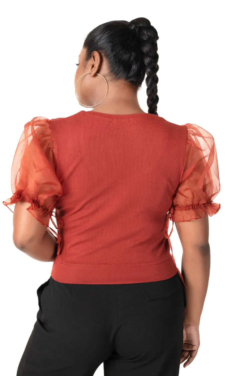 Round neck Blouses with Puffy Organza Sleeves- Plus Size