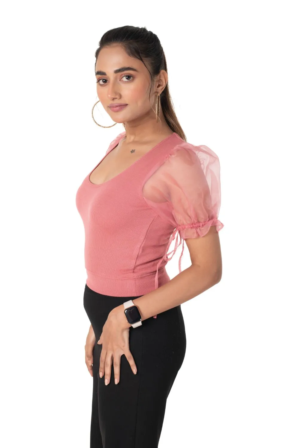 Round neck Blouses with Puffy Organza Sleeves- Plus Size