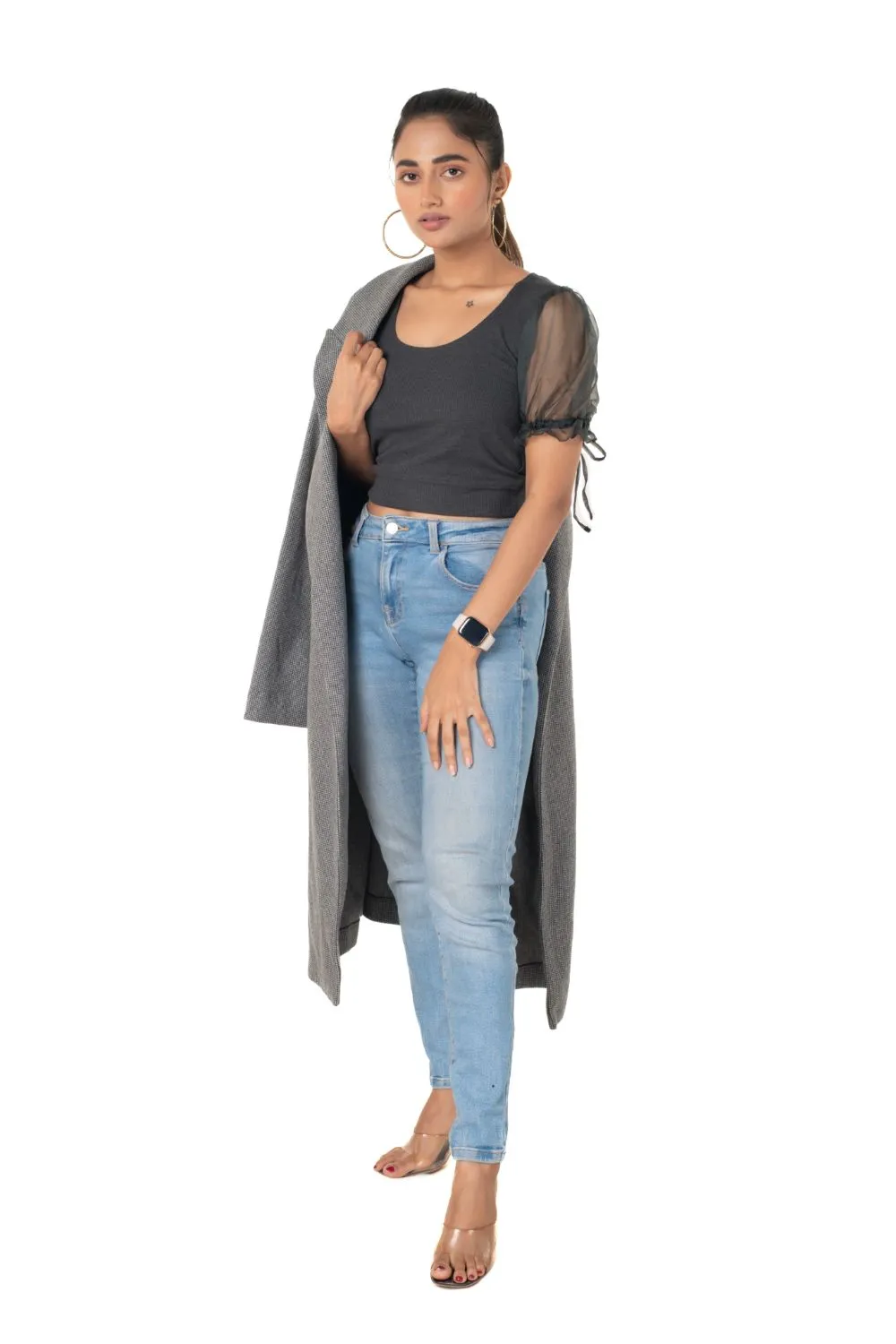 Round neck Blouses with Puffy Organza Sleeves- Plus Size