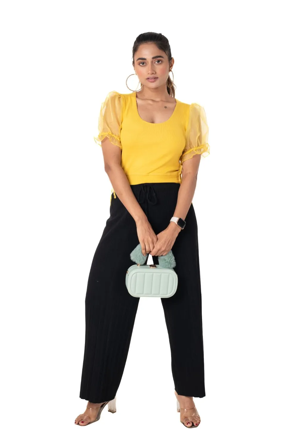 Round neck Blouses with Puffy Organza Sleeves- Plus Size