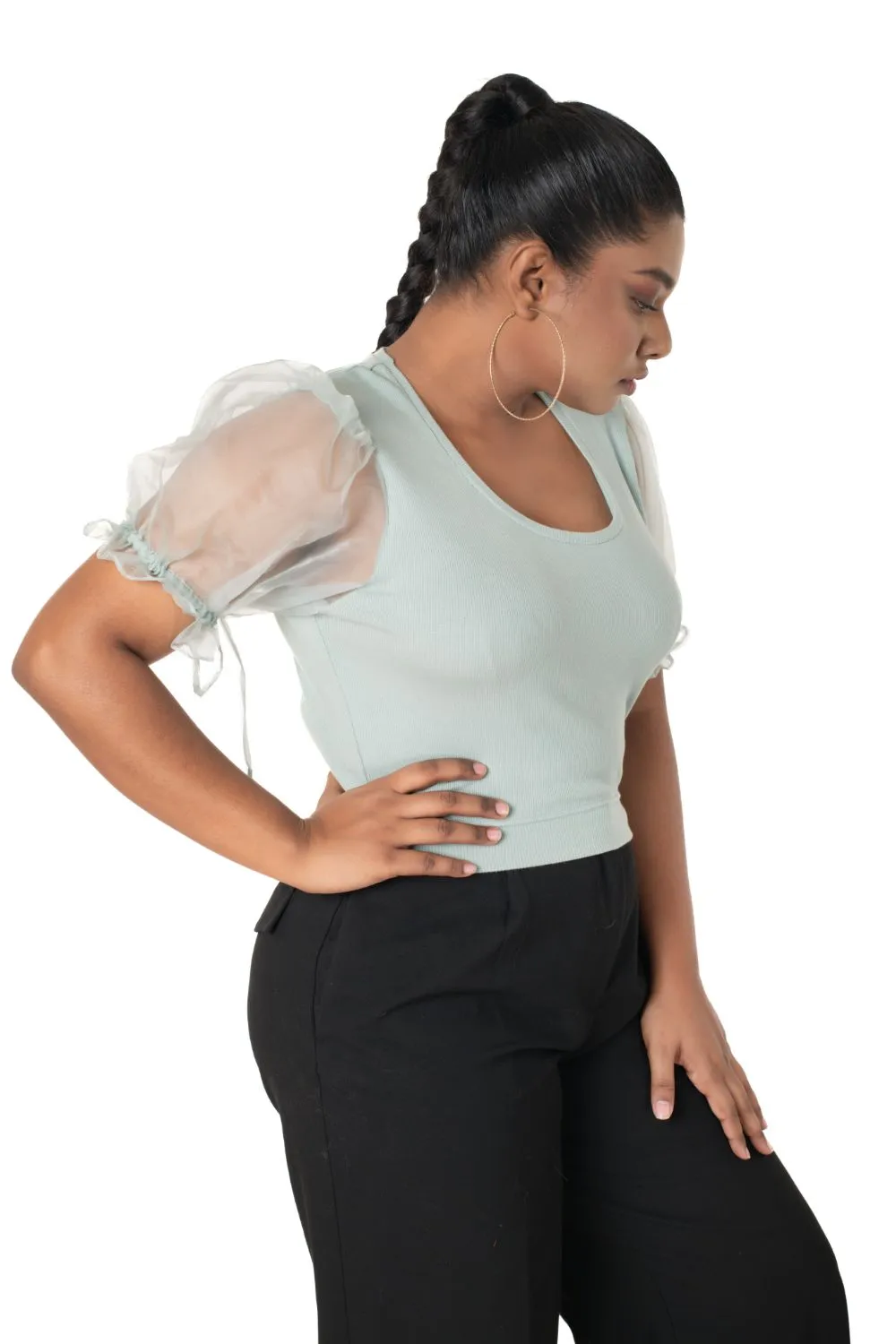 Round neck Blouses with Puffy Organza Sleeves- Plus Size