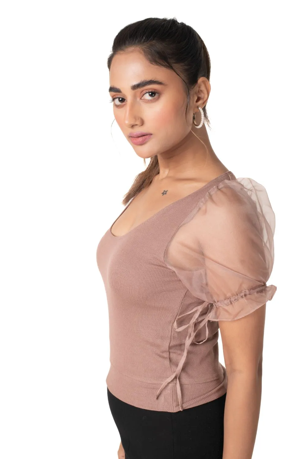 Round neck Blouses with Puffy Organza Sleeves- Plus Size