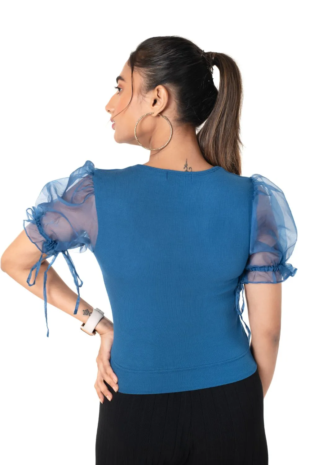Round neck Blouses with Puffy Organza Sleeves- Plus Size