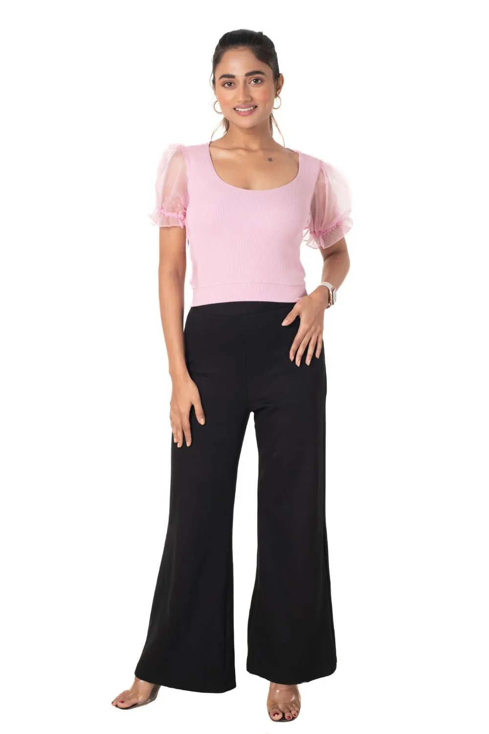 Round neck Blouses with Puffy Organza Sleeves- Plus Size