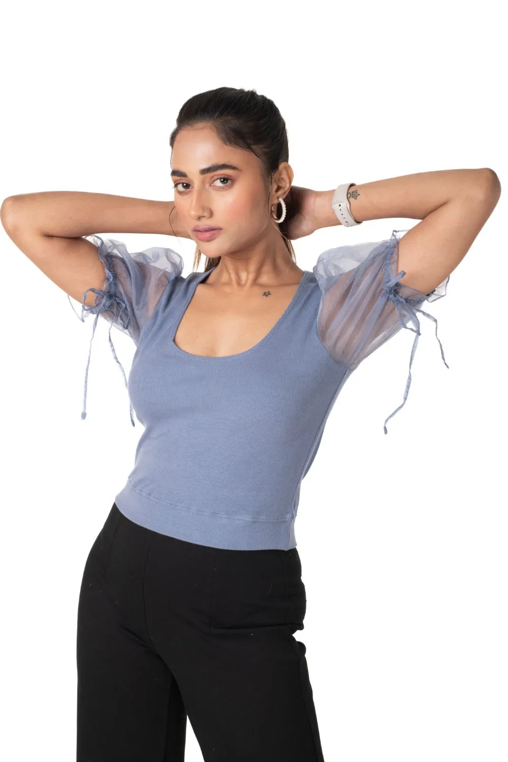 Round neck Blouses with Puffy Organza Sleeves- Plus Size