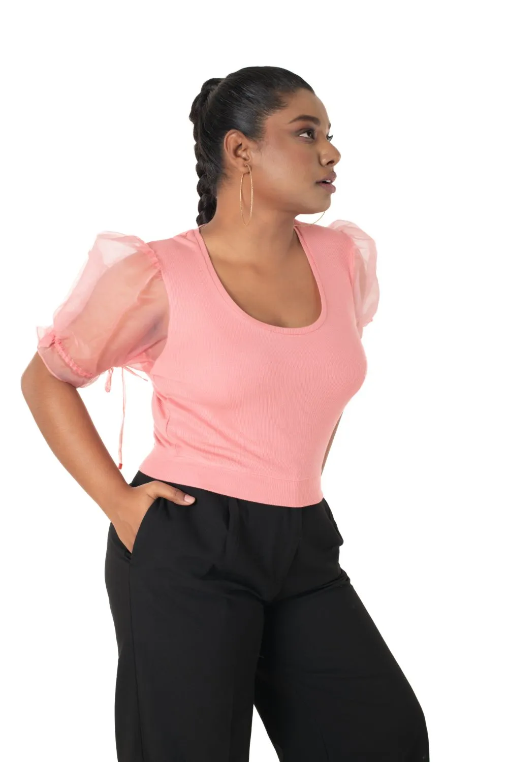 Round neck Blouses with Puffy Organza Sleeves- Plus Size
