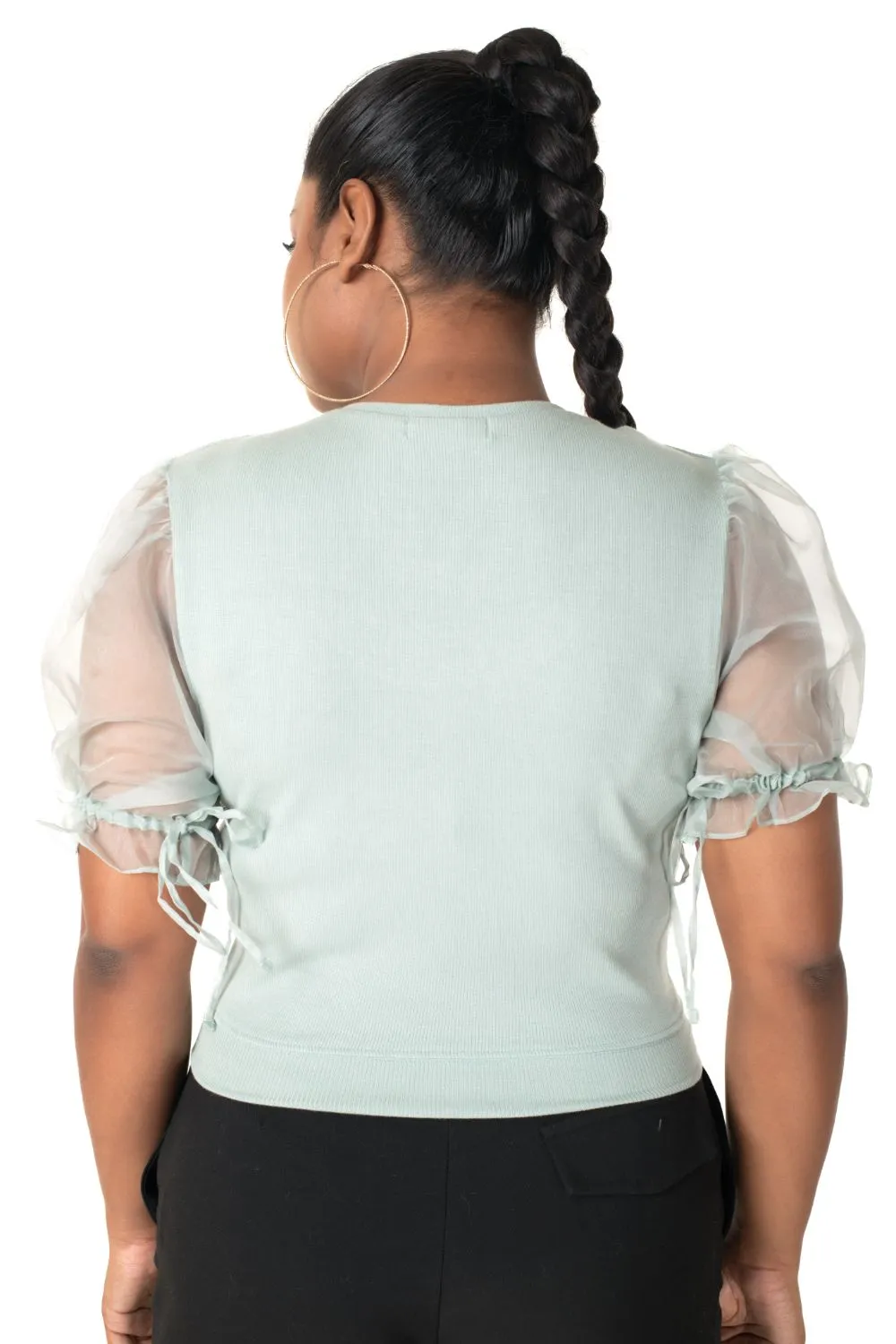 Round neck Blouses with Puffy Organza Sleeves- Plus Size