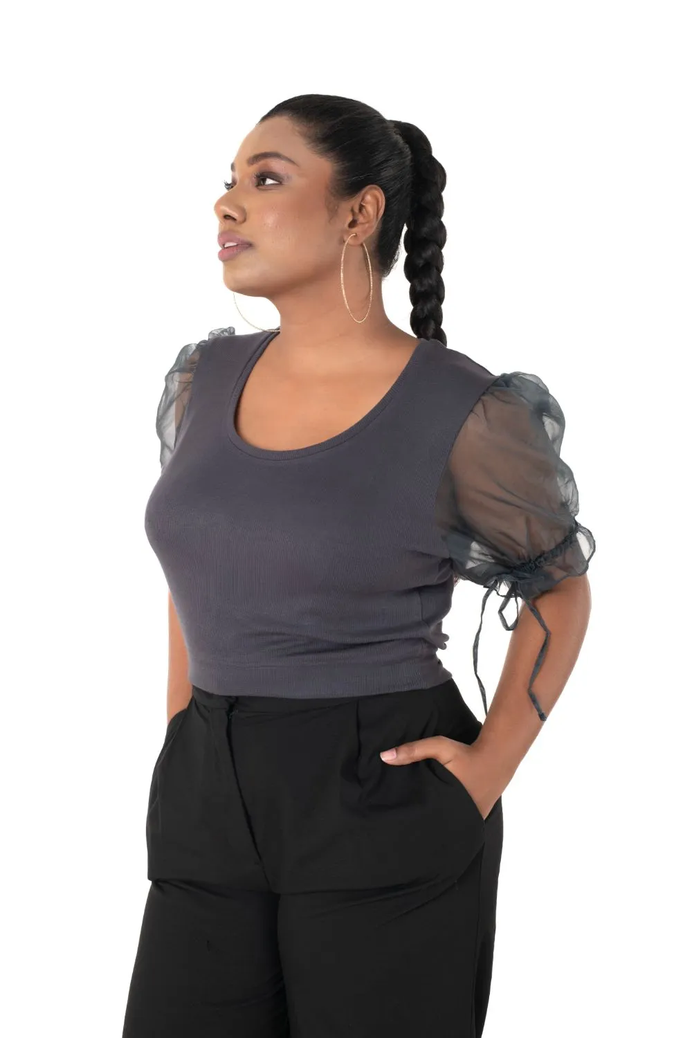 Round neck Blouses with Puffy Organza Sleeves- Plus Size