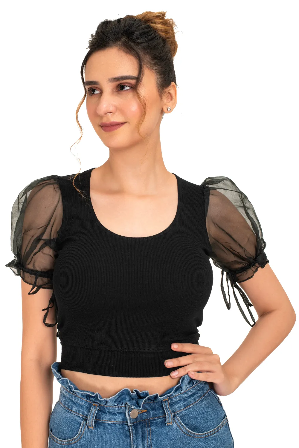 Round neck Blouses with Puffy Organza Sleeves- Plus Size