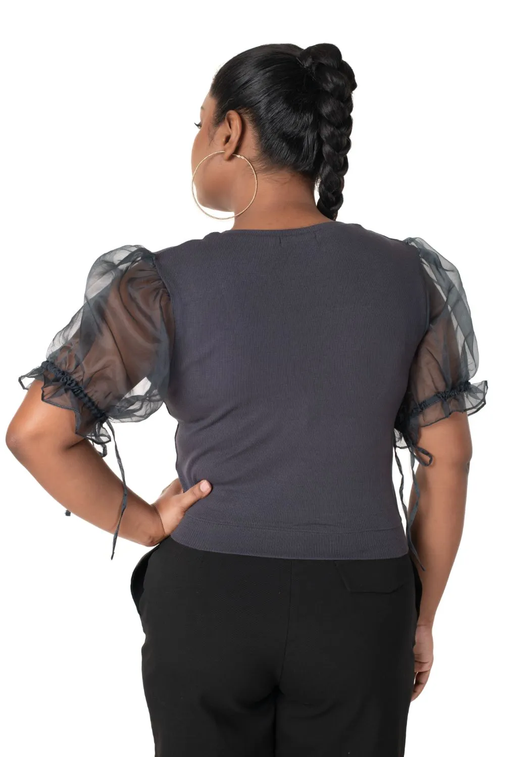 Round neck Blouses with Puffy Organza Sleeves- Plus Size
