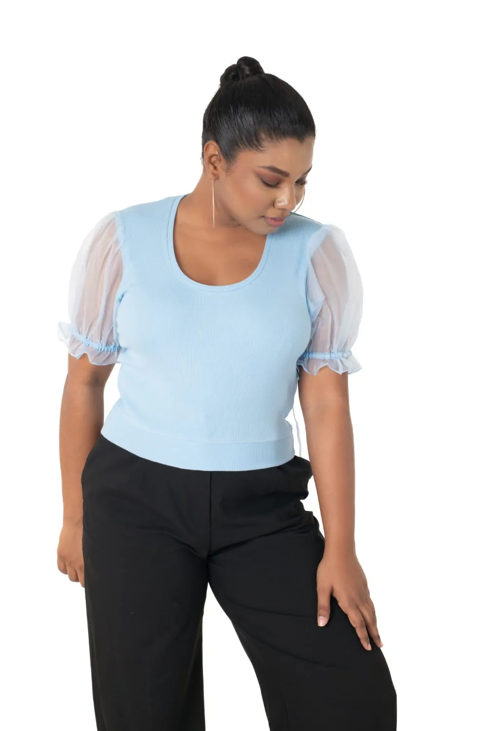 Round neck Blouses with Puffy Organza Sleeves- Plus Size