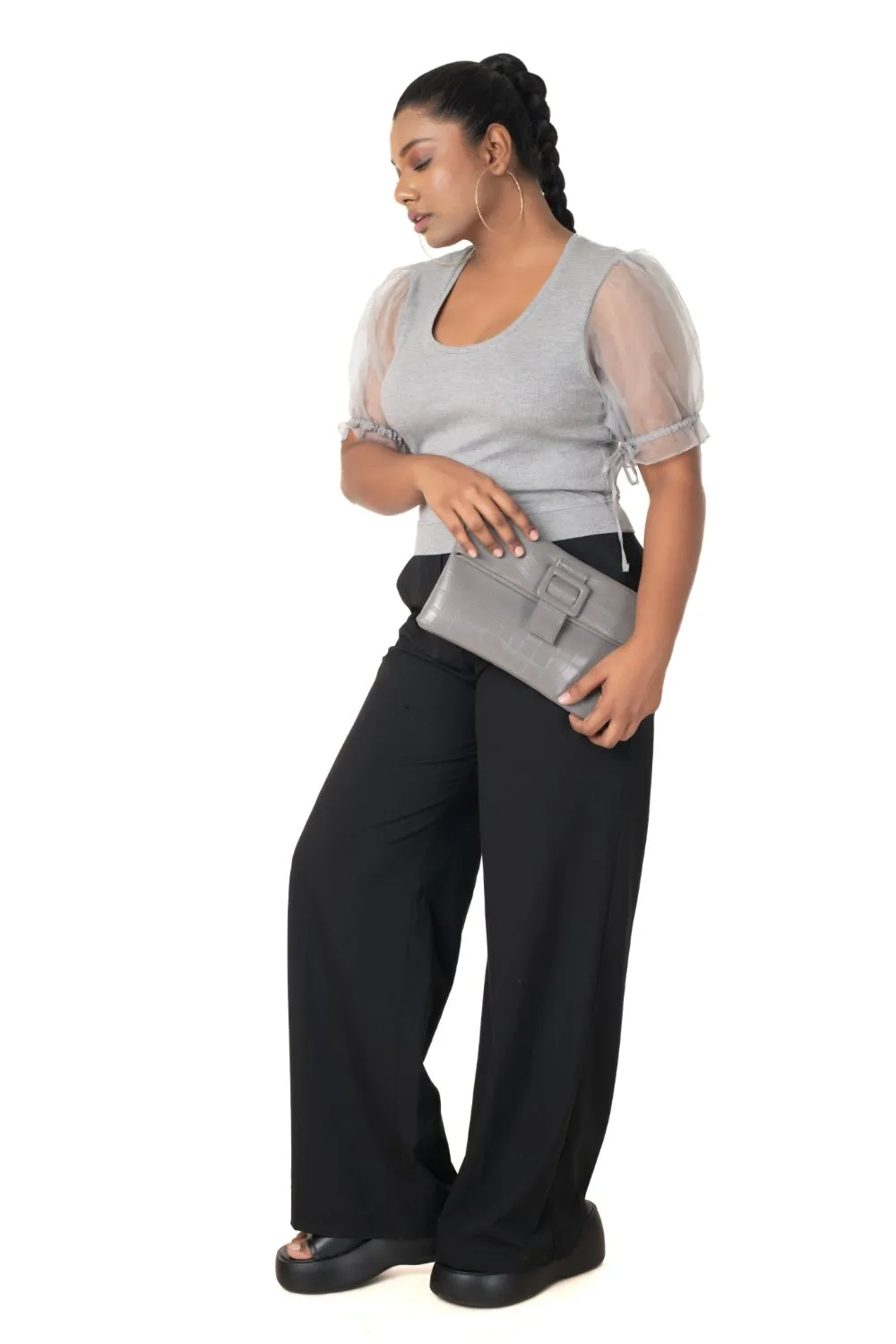 Round neck Blouses with Puffy Organza Sleeves- Plus Size