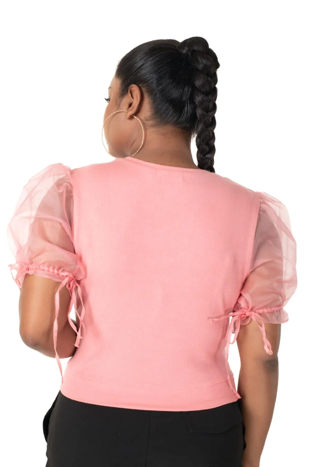 Round neck Blouses with Puffy Organza Sleeves- Plus Size