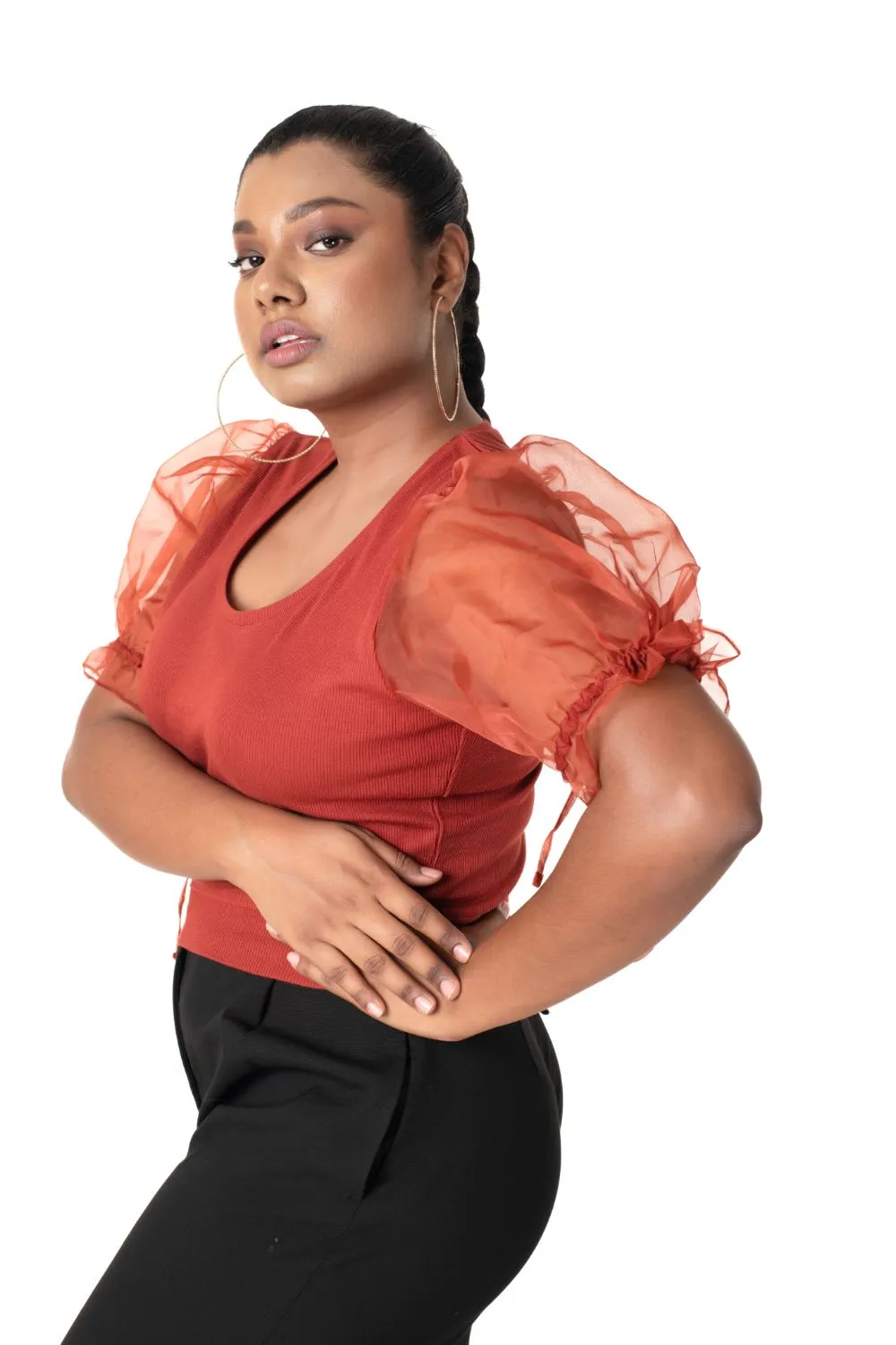 Round neck Blouses with Puffy Organza Sleeves- Plus Size