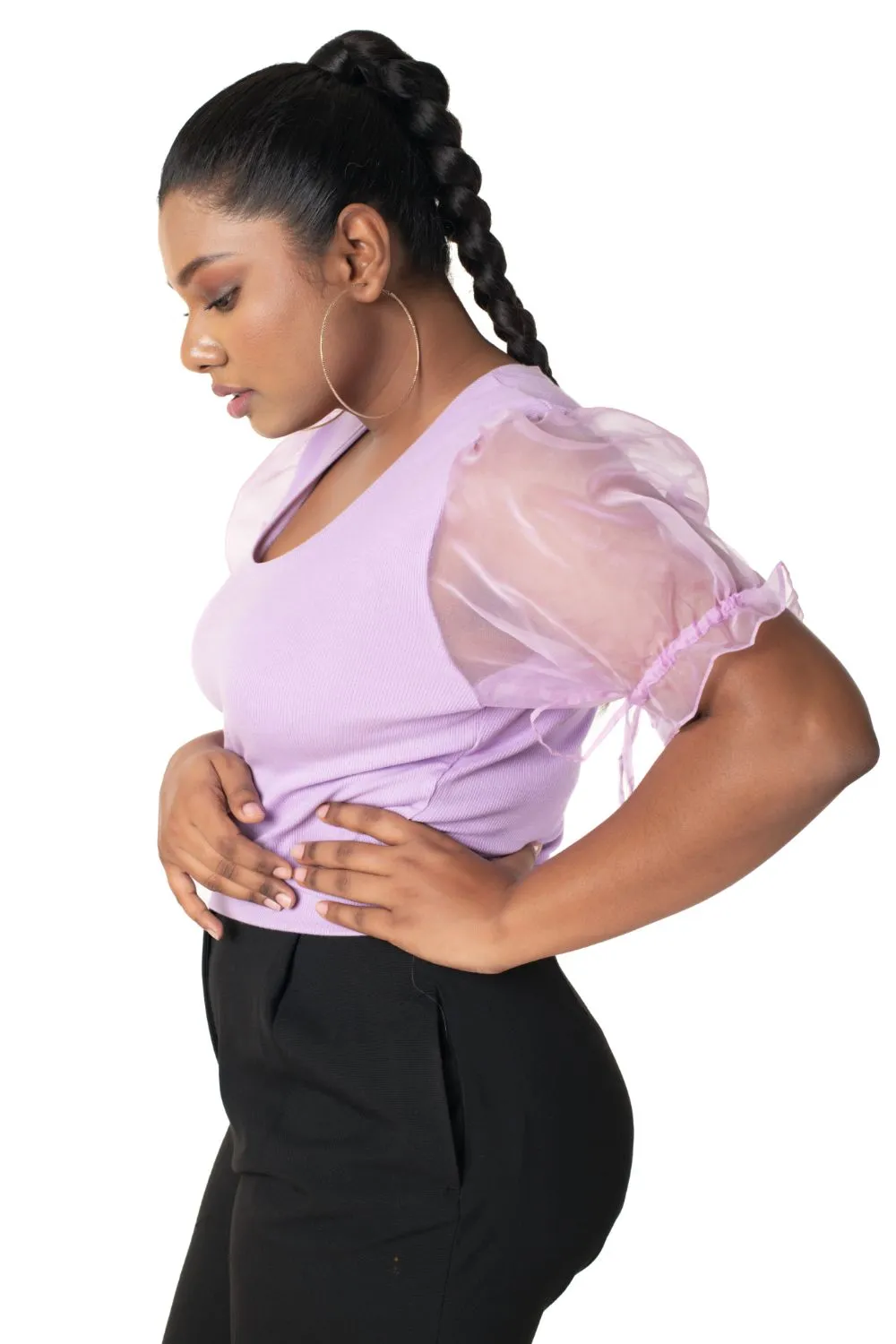 Round neck Blouses with Puffy Organza Sleeves- Plus Size