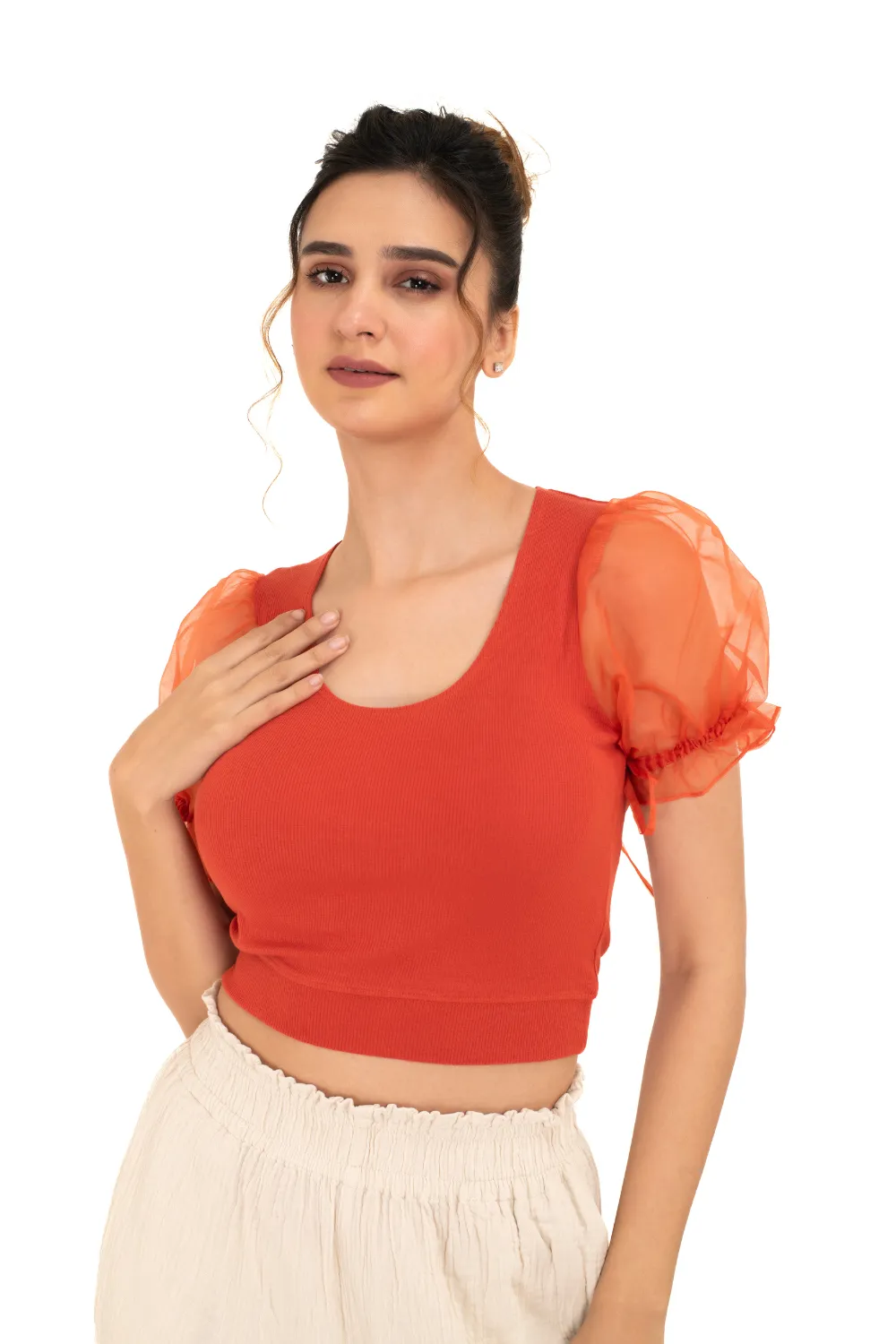 Round neck Blouses with Puffy Organza Sleeves- Plus Size