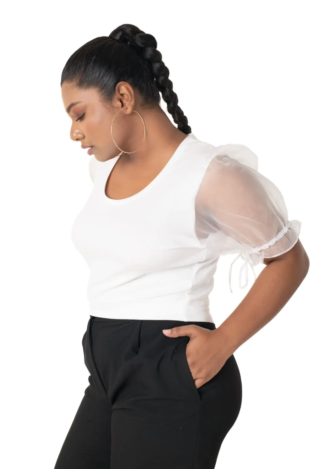 Round neck Blouses with Puffy Organza Sleeves- Plus Size