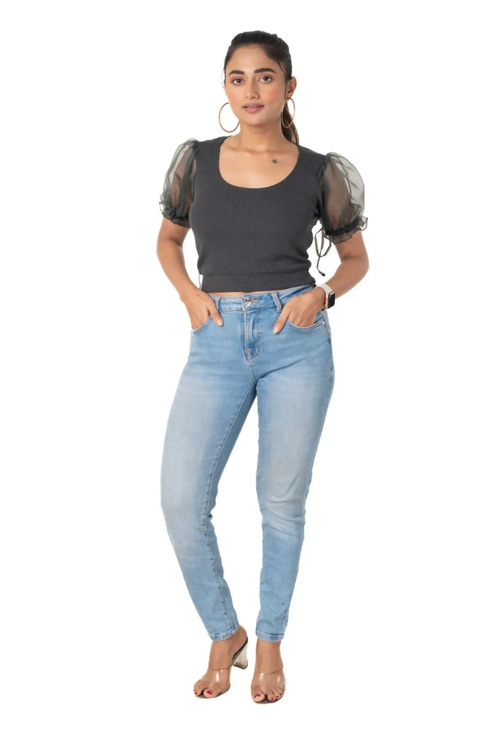 Round neck Blouses with Puffy Organza Sleeves- Plus Size