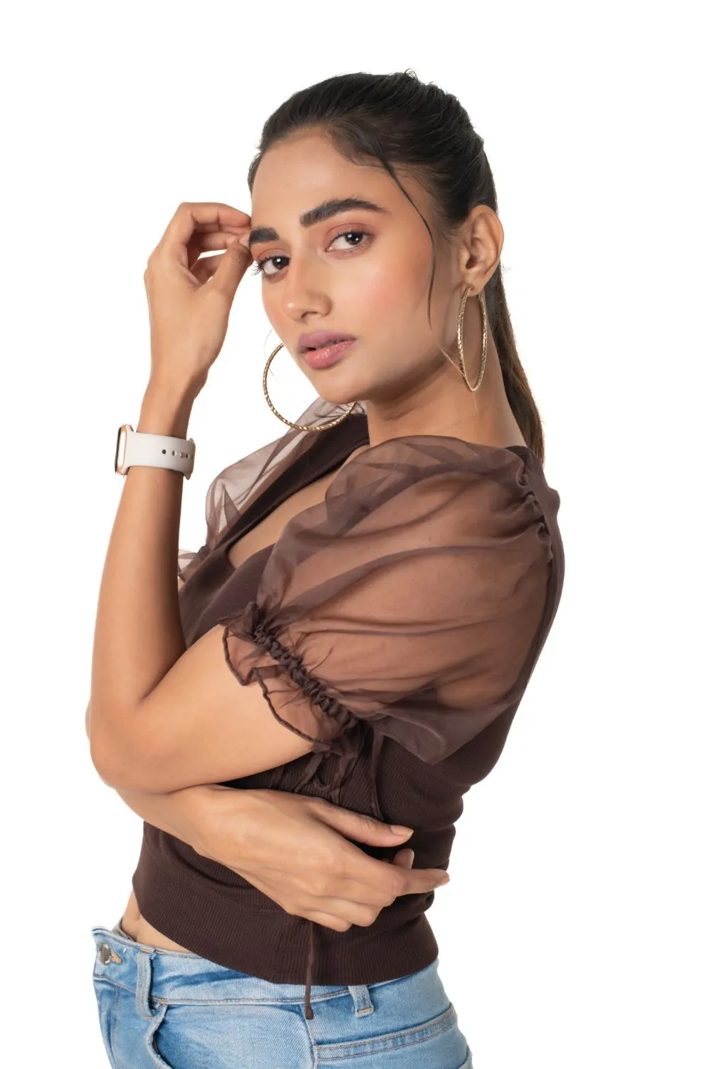 Round neck Blouses with Puffy Organza Sleeves- Plus Size