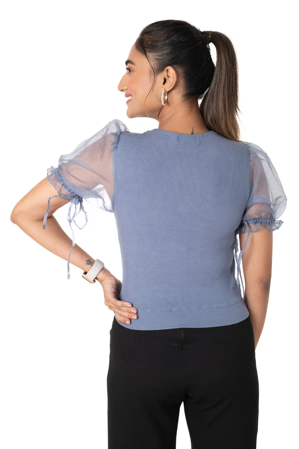 Round neck Blouses with Puffy Organza Sleeves- Plus Size
