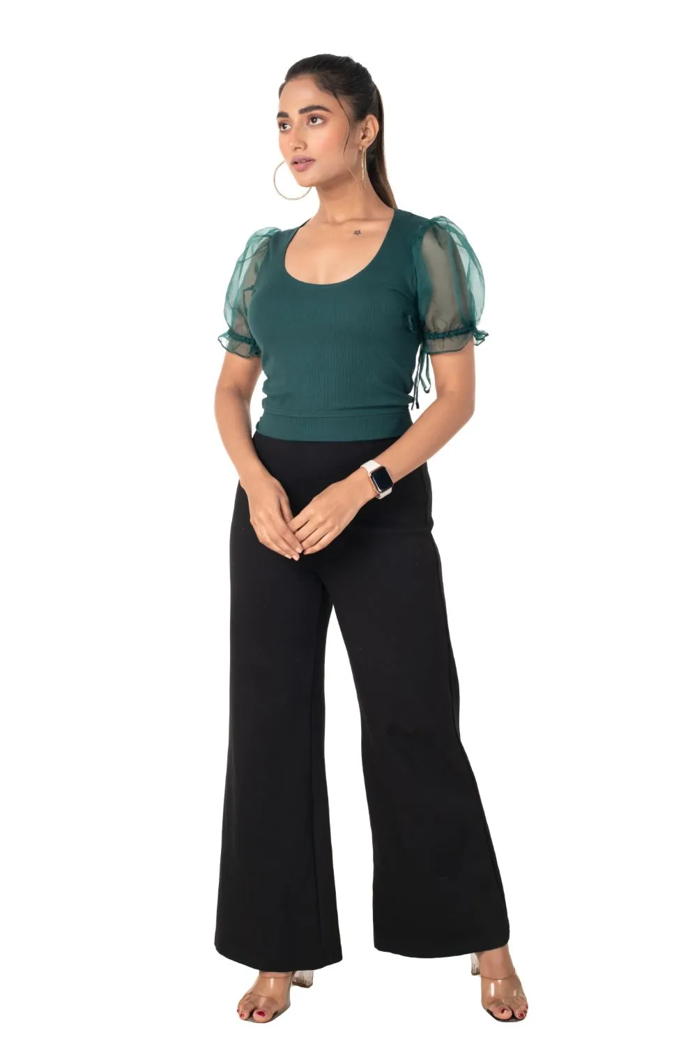 Round neck Blouses with Puffy Organza Sleeves- Plus Size