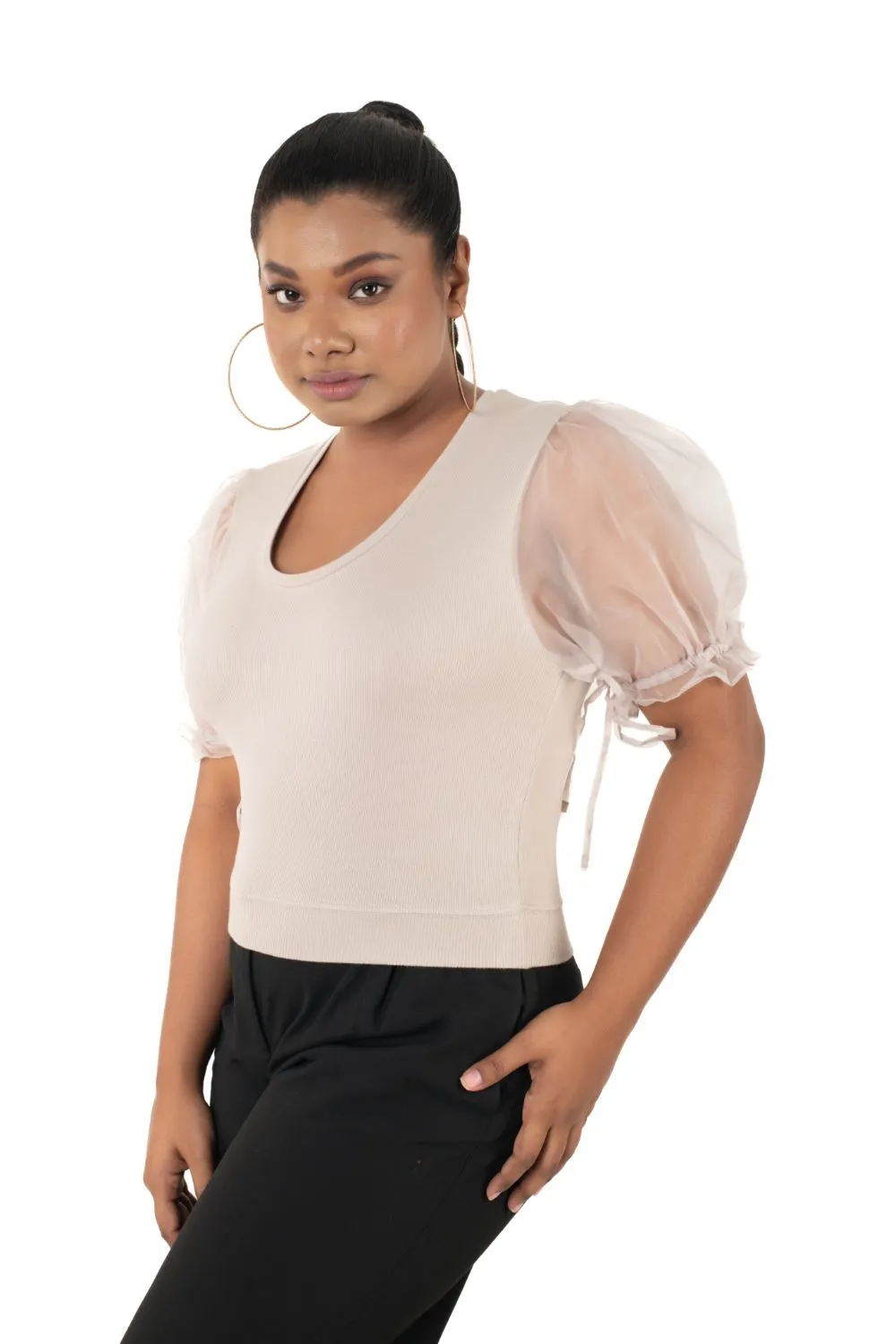 Round neck Blouses with Puffy Organza Sleeves- Plus Size