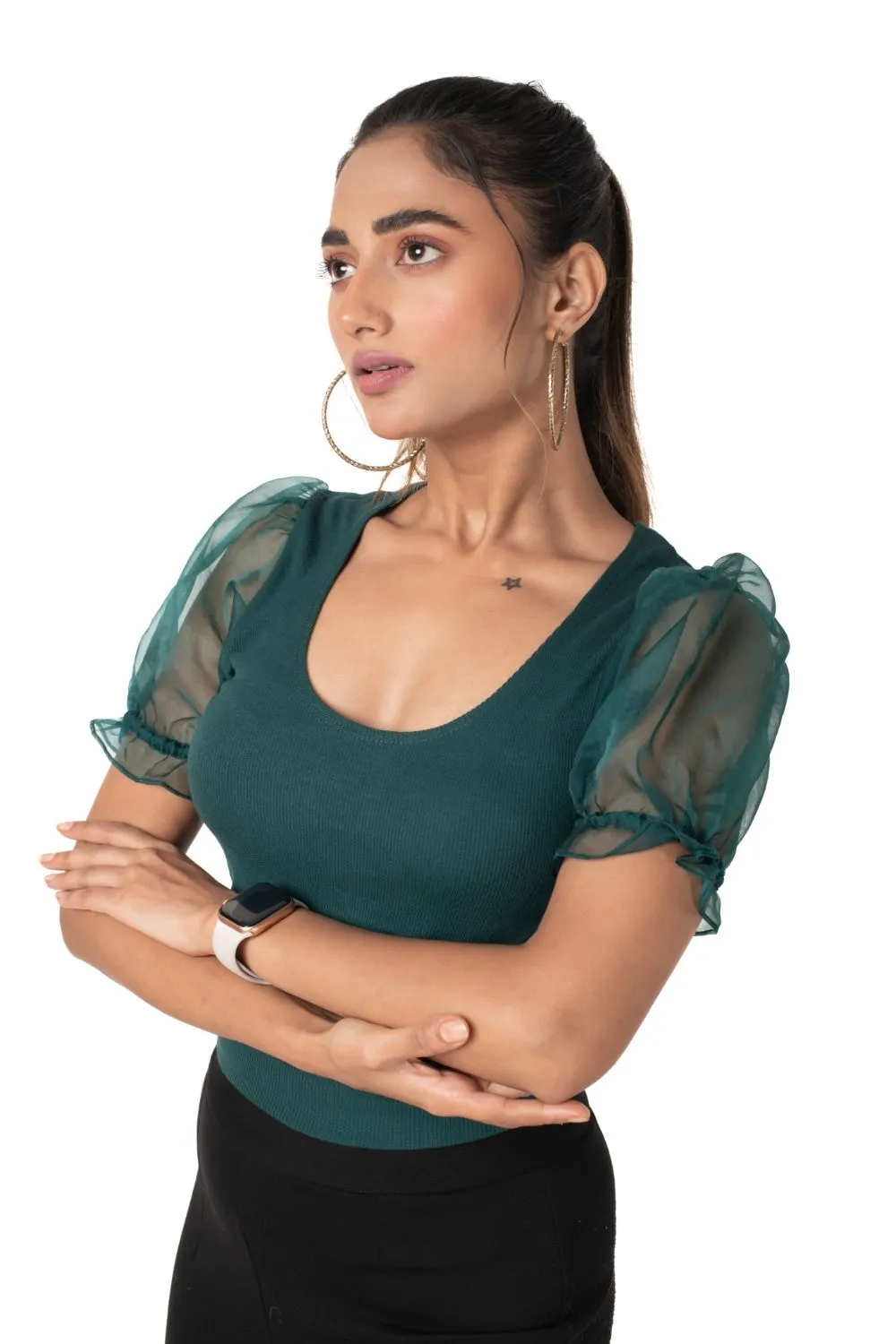 Round neck Blouses with Puffy Organza Sleeves- Plus Size