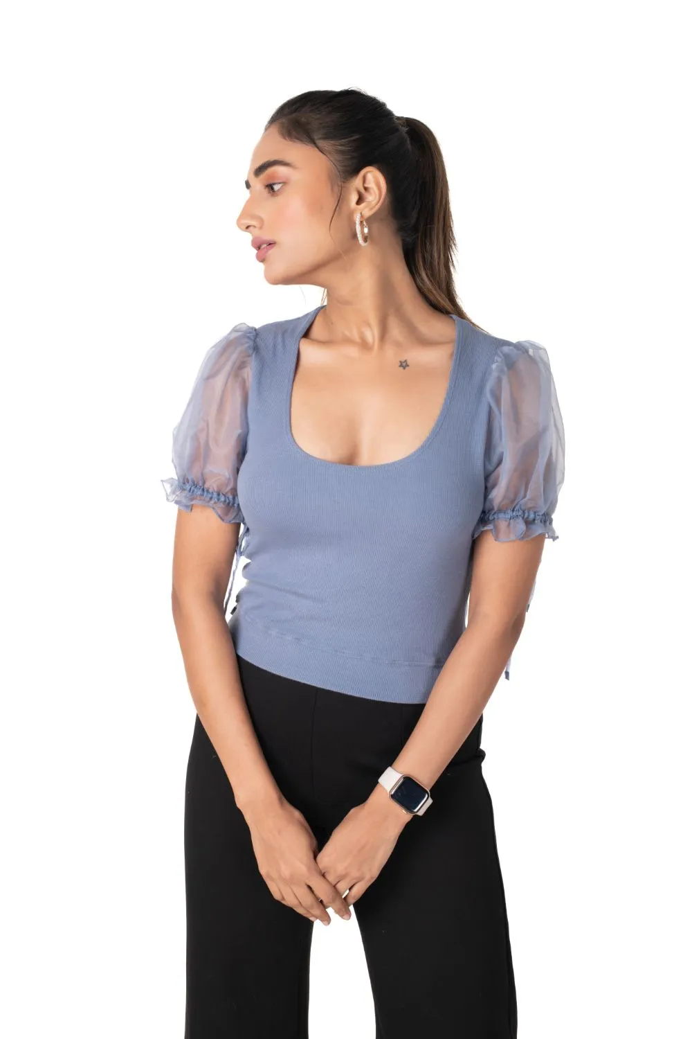 Round neck Blouses with Puffy Organza Sleeves- Plus Size