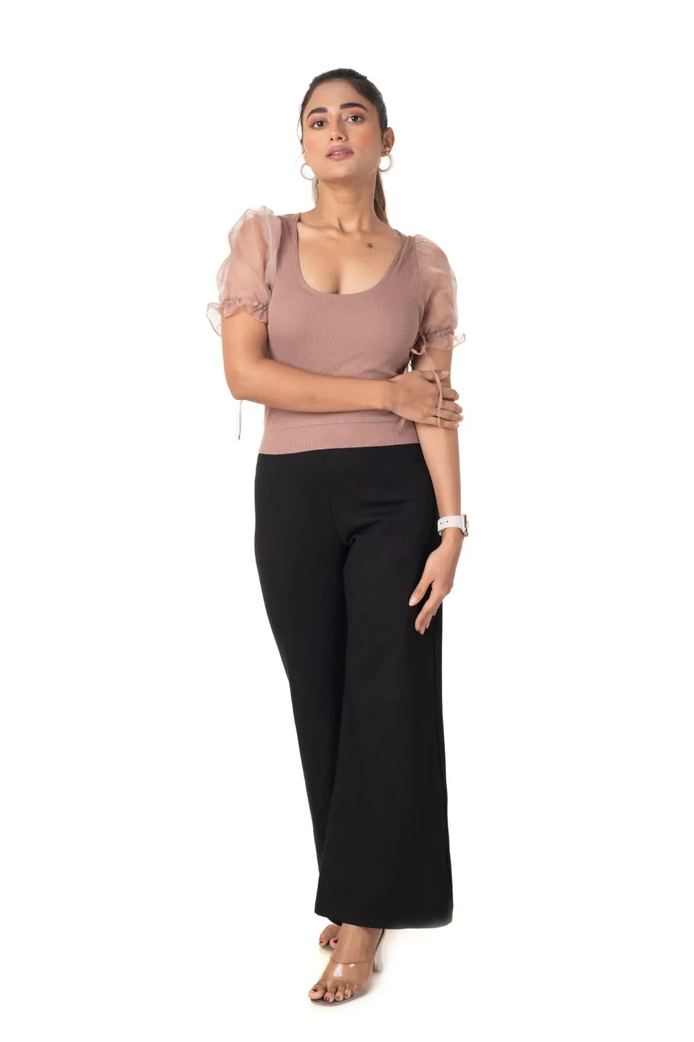Round neck Blouses with Puffy Organza Sleeves- Plus Size