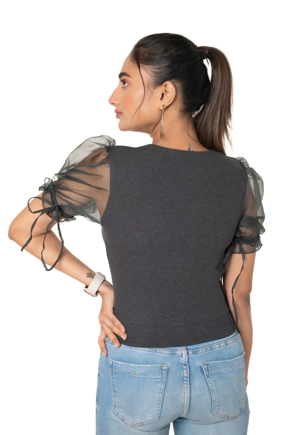 Round neck Blouses with Puffy Organza Sleeves- Plus Size