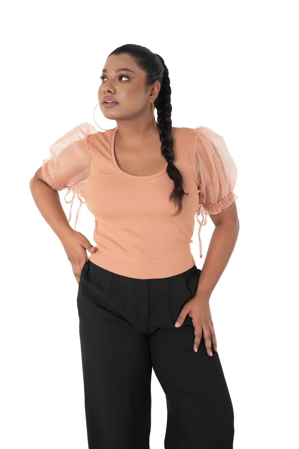 Round neck Blouses with Puffy Organza Sleeves- Plus Size