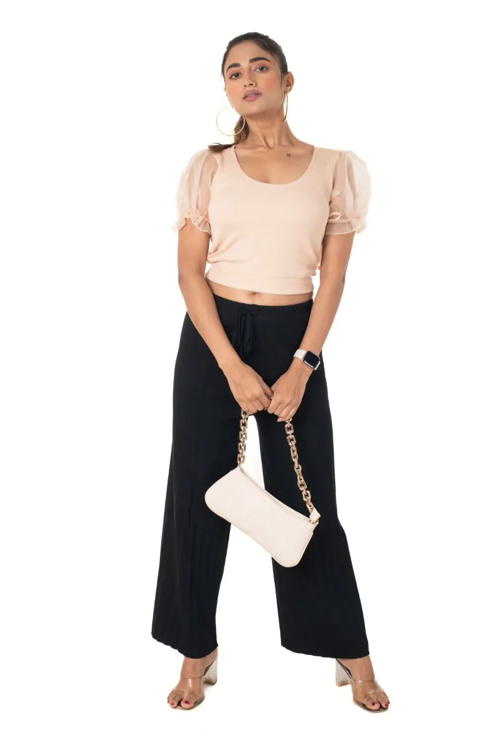 Round neck Blouses with Puffy Organza Sleeves- Plus Size