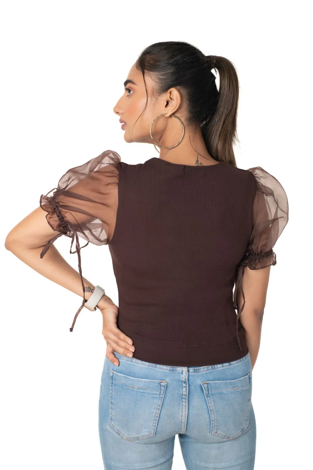 Round neck Blouses with Puffy Organza Sleeves- Plus Size