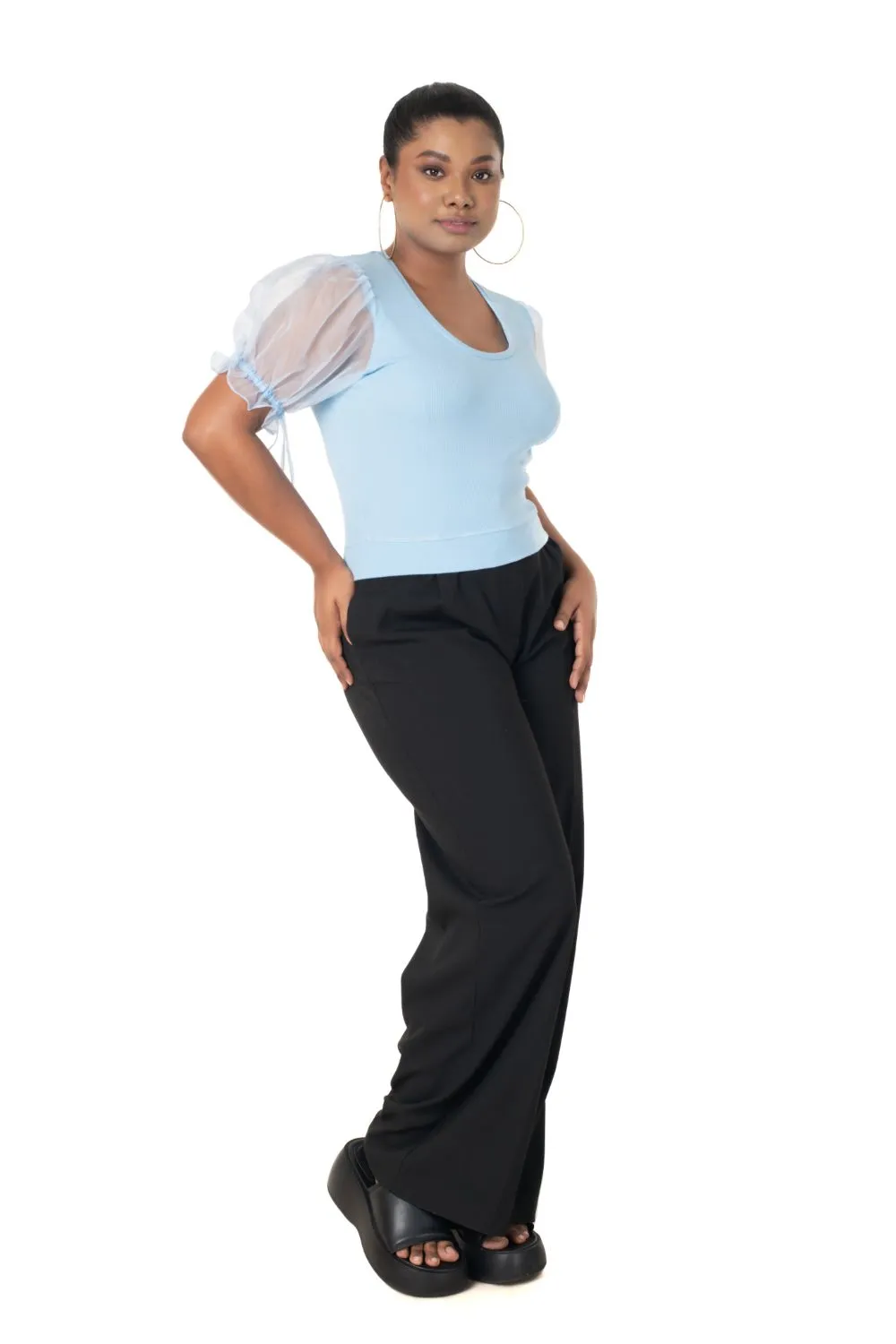 Round neck Blouses with Puffy Organza Sleeves- Plus Size