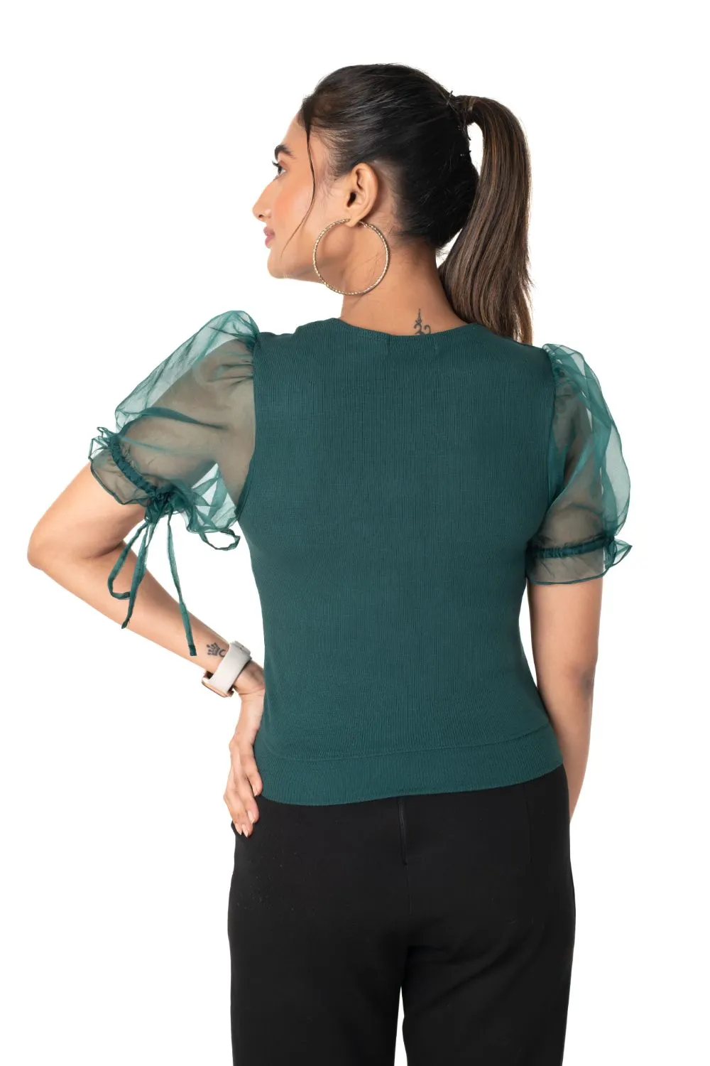 Round neck Blouses with Puffy Organza Sleeves- Plus Size