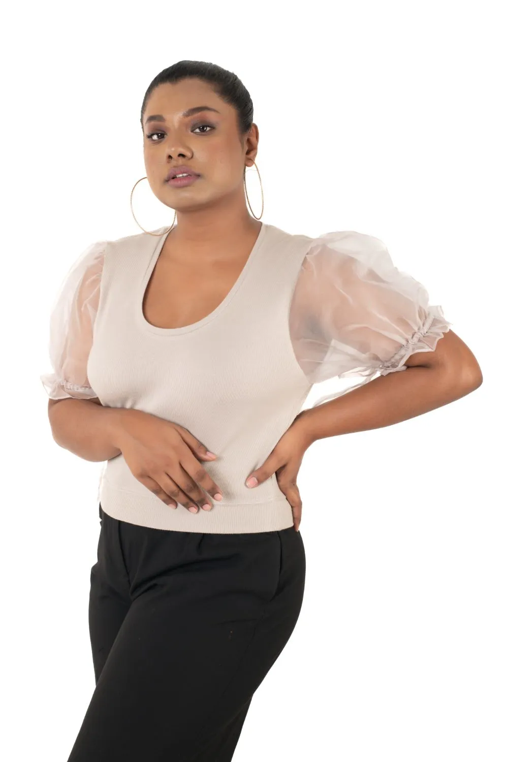 Round neck Blouses with Puffy Organza Sleeves- Plus Size