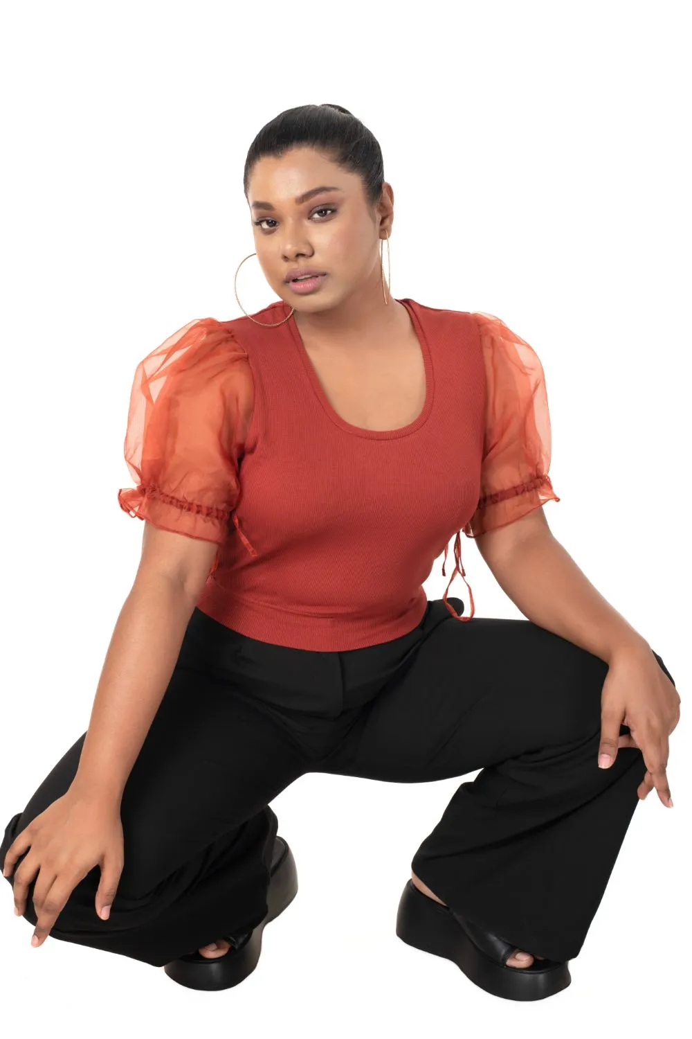 Round neck Blouses with Puffy Organza Sleeves- Plus Size