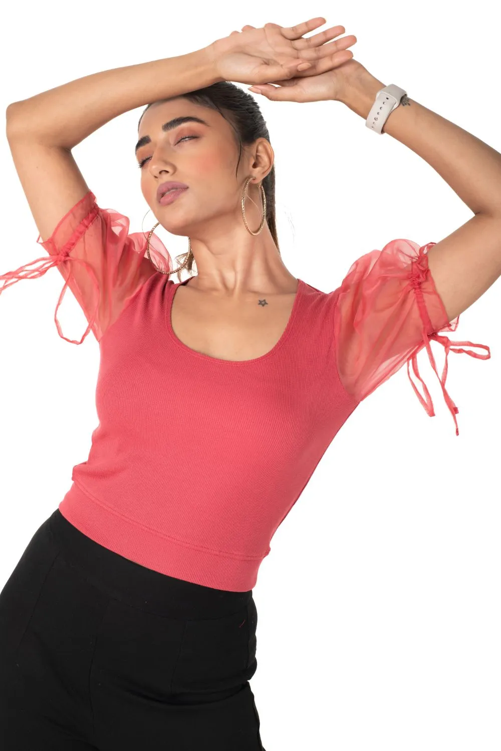 Round neck Blouses with Puffy Organza Sleeves- Plus Size