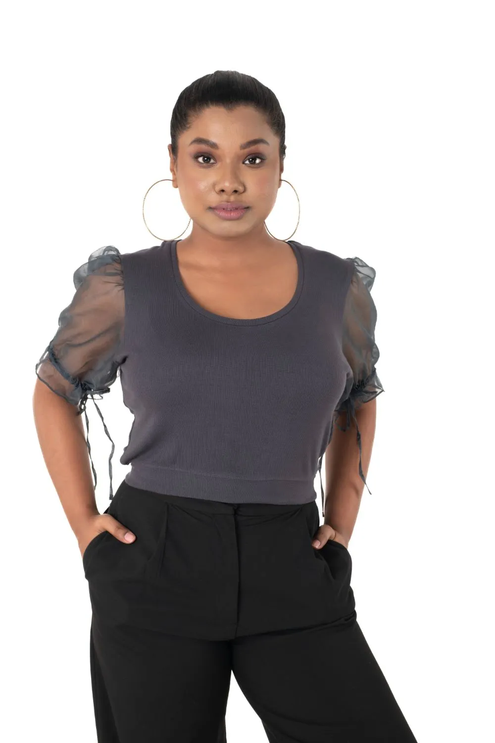 Round neck Blouses with Puffy Organza Sleeves- Plus Size