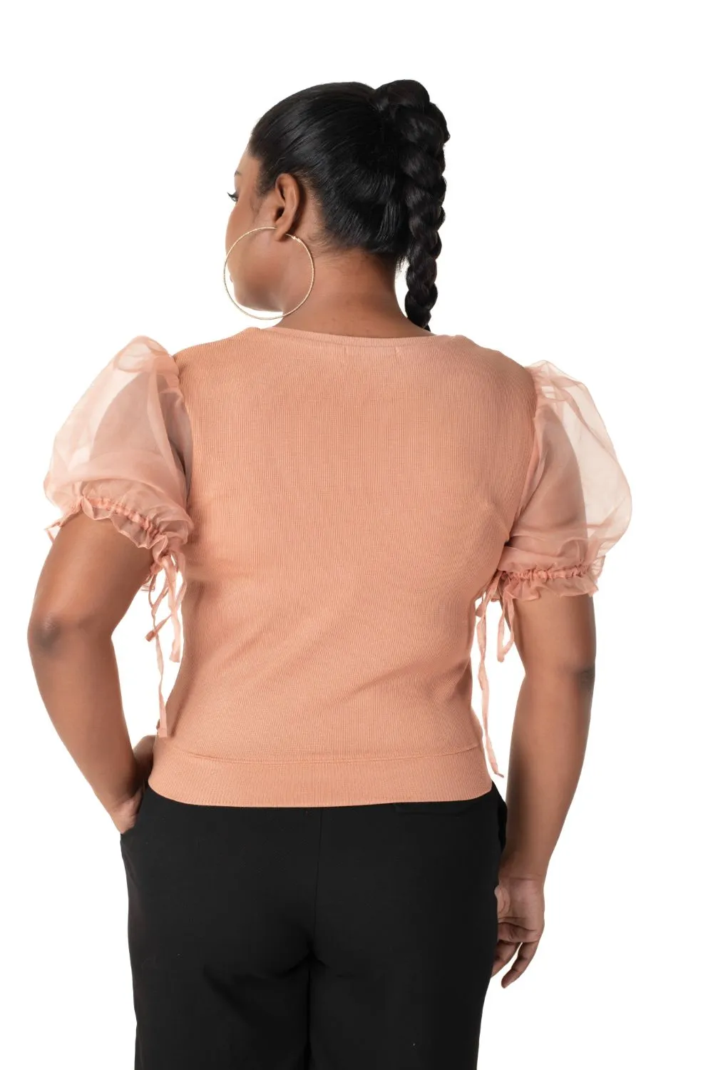 Round neck Blouses with Puffy Organza Sleeves- Plus Size