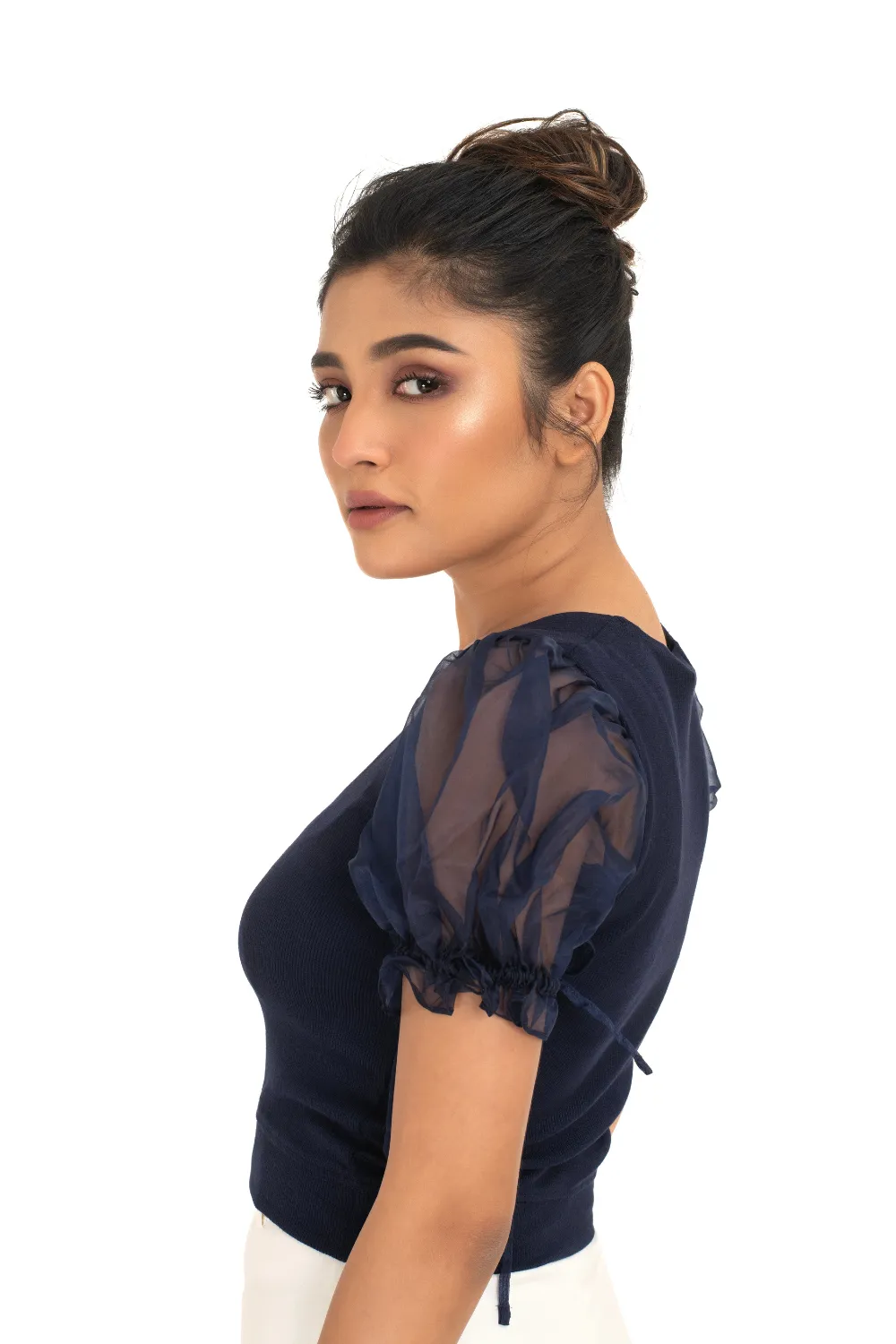 Round neck Blouses with Puffy Organza Sleeves- Plus Size