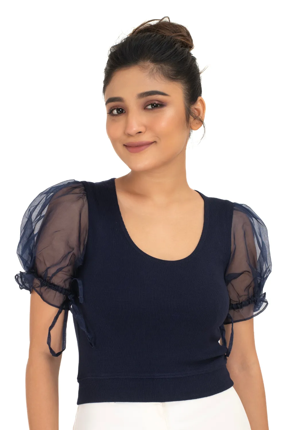 Round neck Blouses with Puffy Organza Sleeves- Plus Size