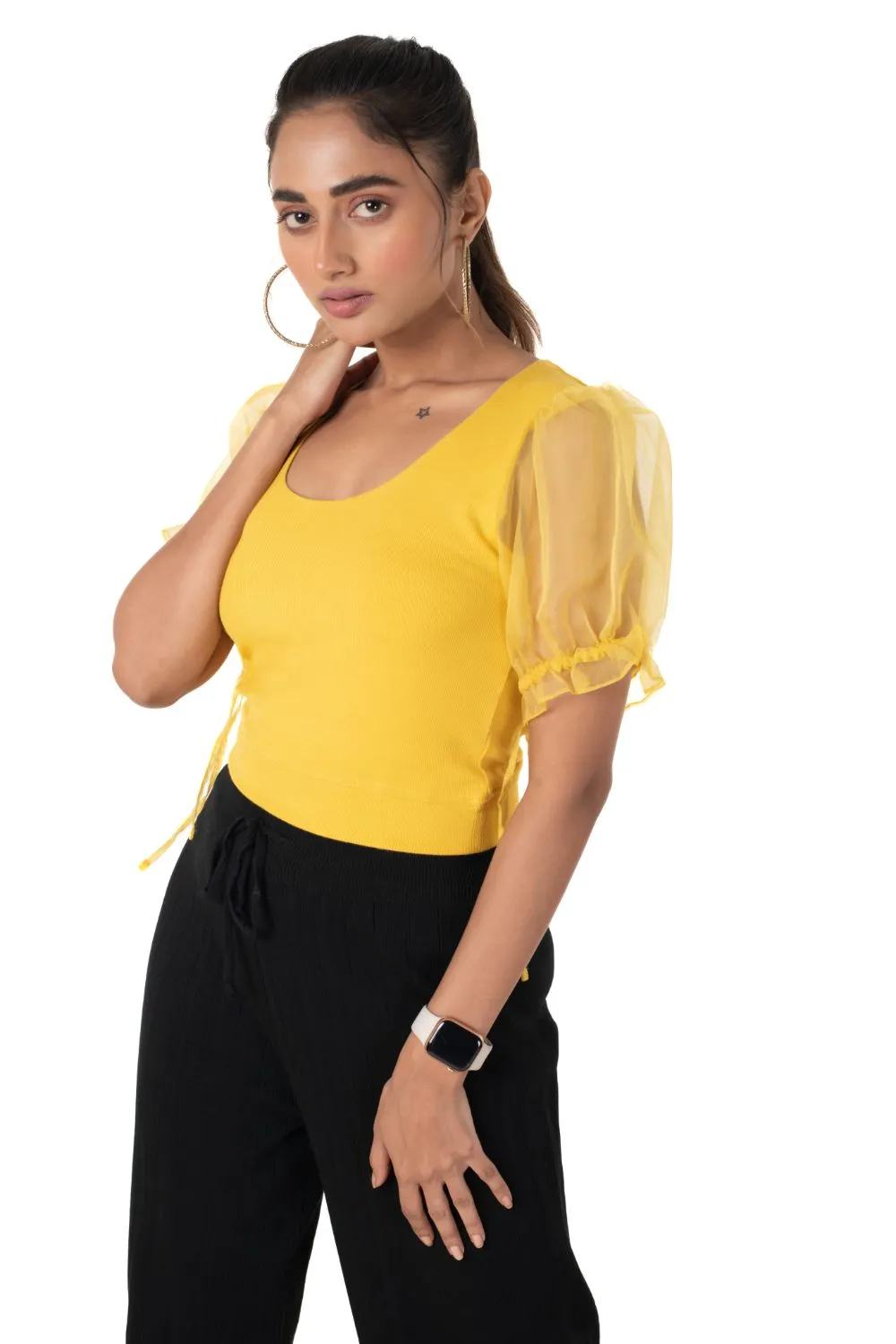 Round neck Blouses with Puffy Organza Sleeves- Plus Size
