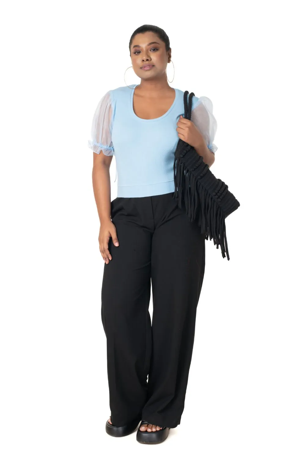 Round neck Blouses with Puffy Organza Sleeves- Plus Size