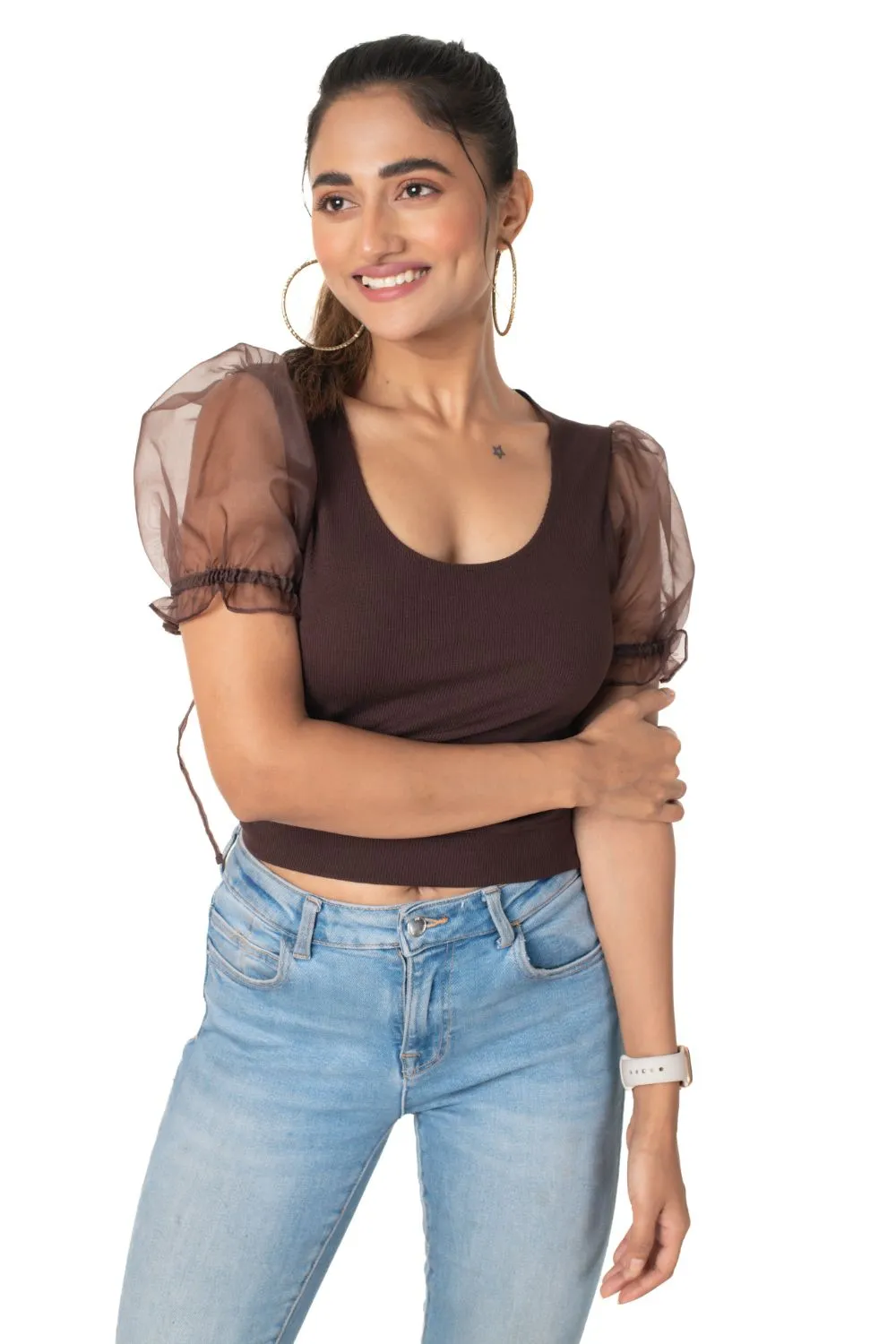 Round neck Blouses with Puffy Organza Sleeves- Plus Size