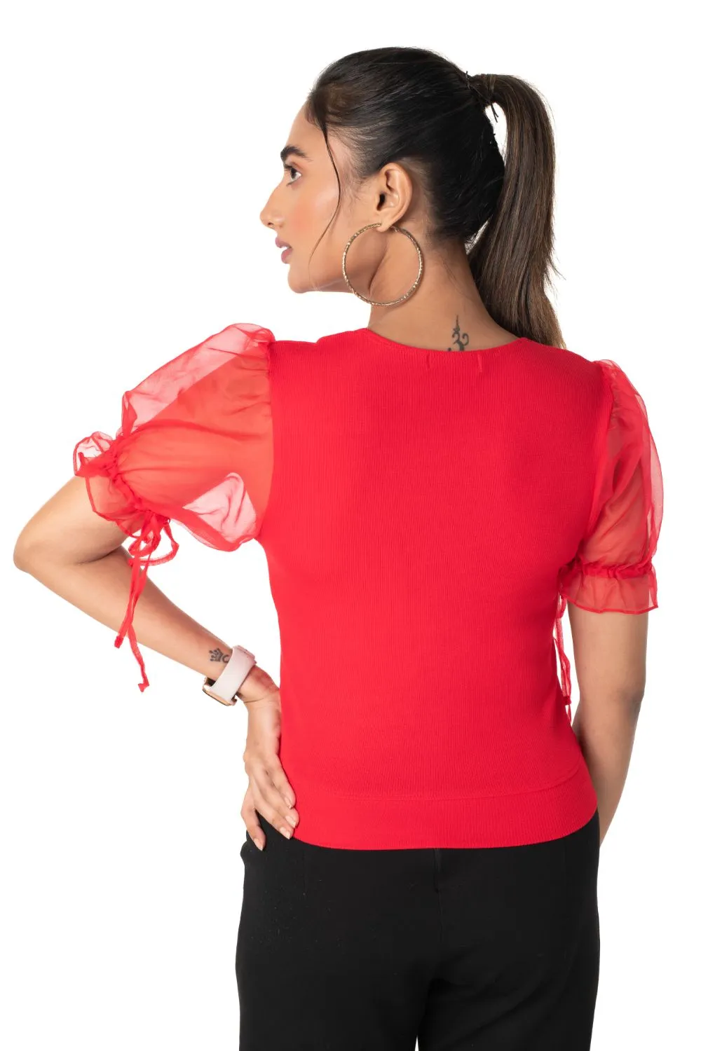 Round neck Blouses with Puffy Organza Sleeves- Plus Size